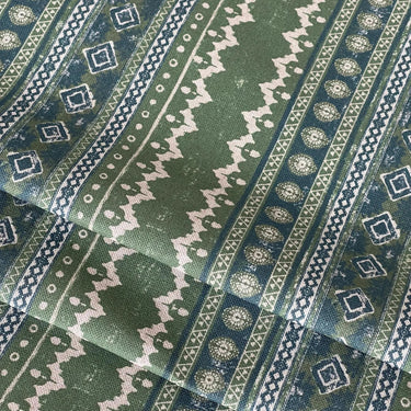 Sage green and indigo woven-look fabric with geometric stripes and textured tribal patterns – ideal for custom blinds, home decor, and light upholstery.